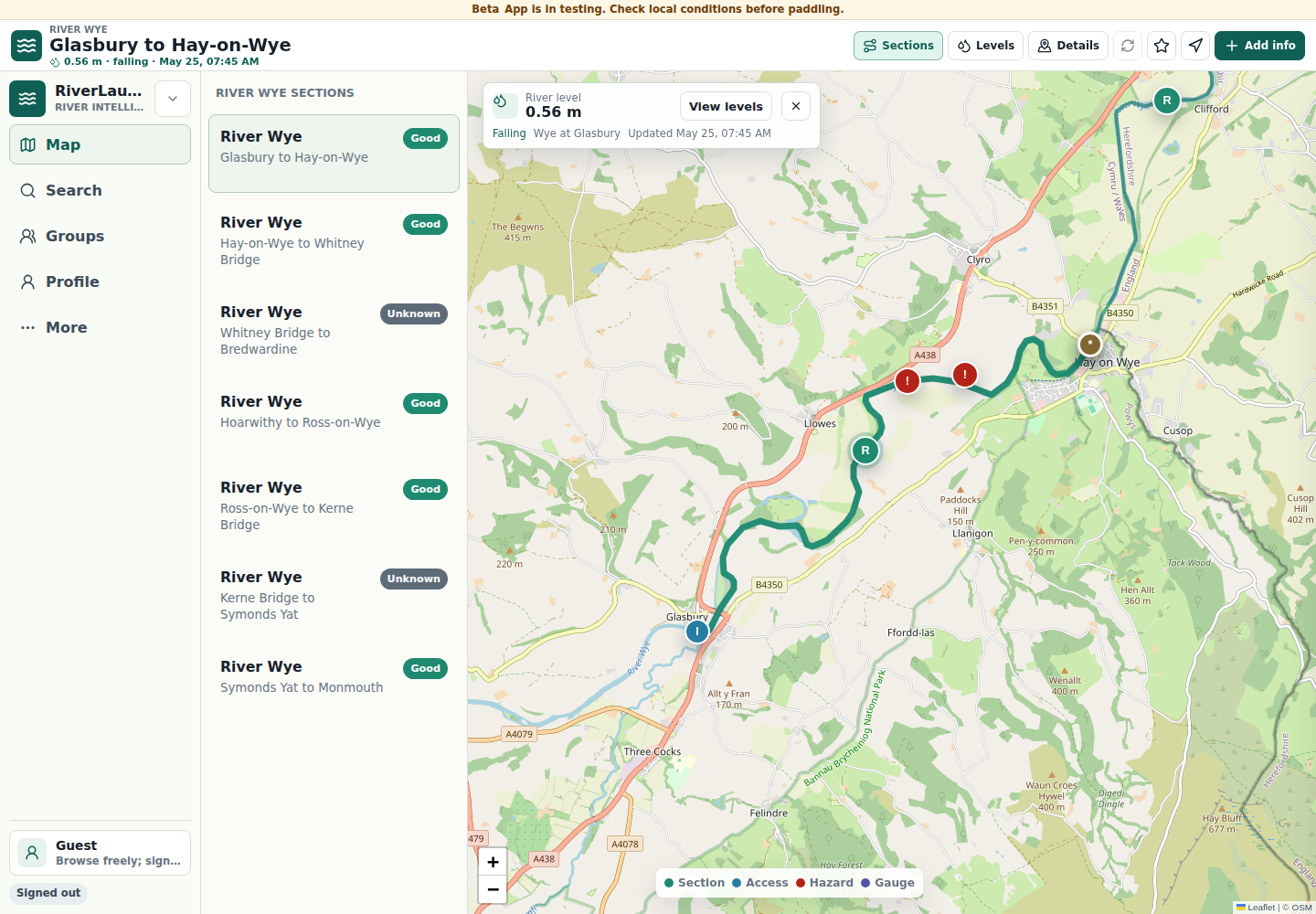 RiverLaunch.app map with route line, access marker, hazard marker, gauge marker, and section navigation.