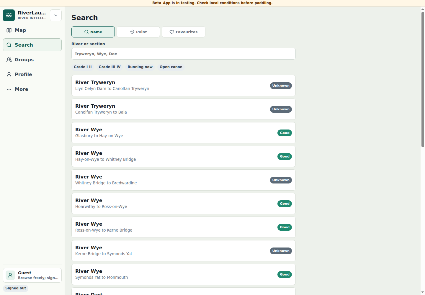 RiverLaunch.app search screen listing UK river sections and current level bands.