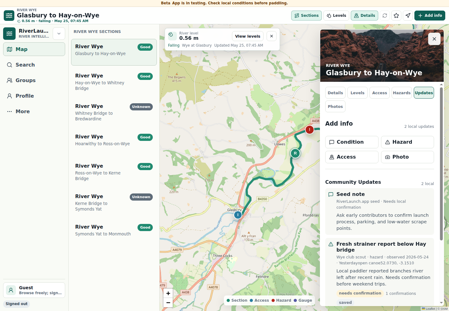 RiverLaunch.app section detail showing a route, hazards, gauge information, and contribution actions.