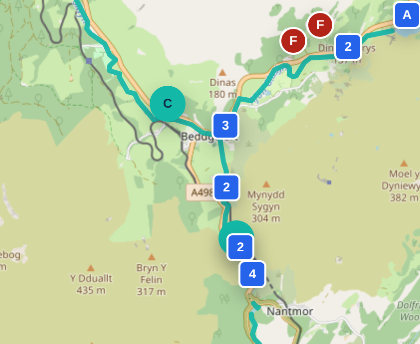 Map with a highlighted river route and numbered clusters of access points near Beddgelert.