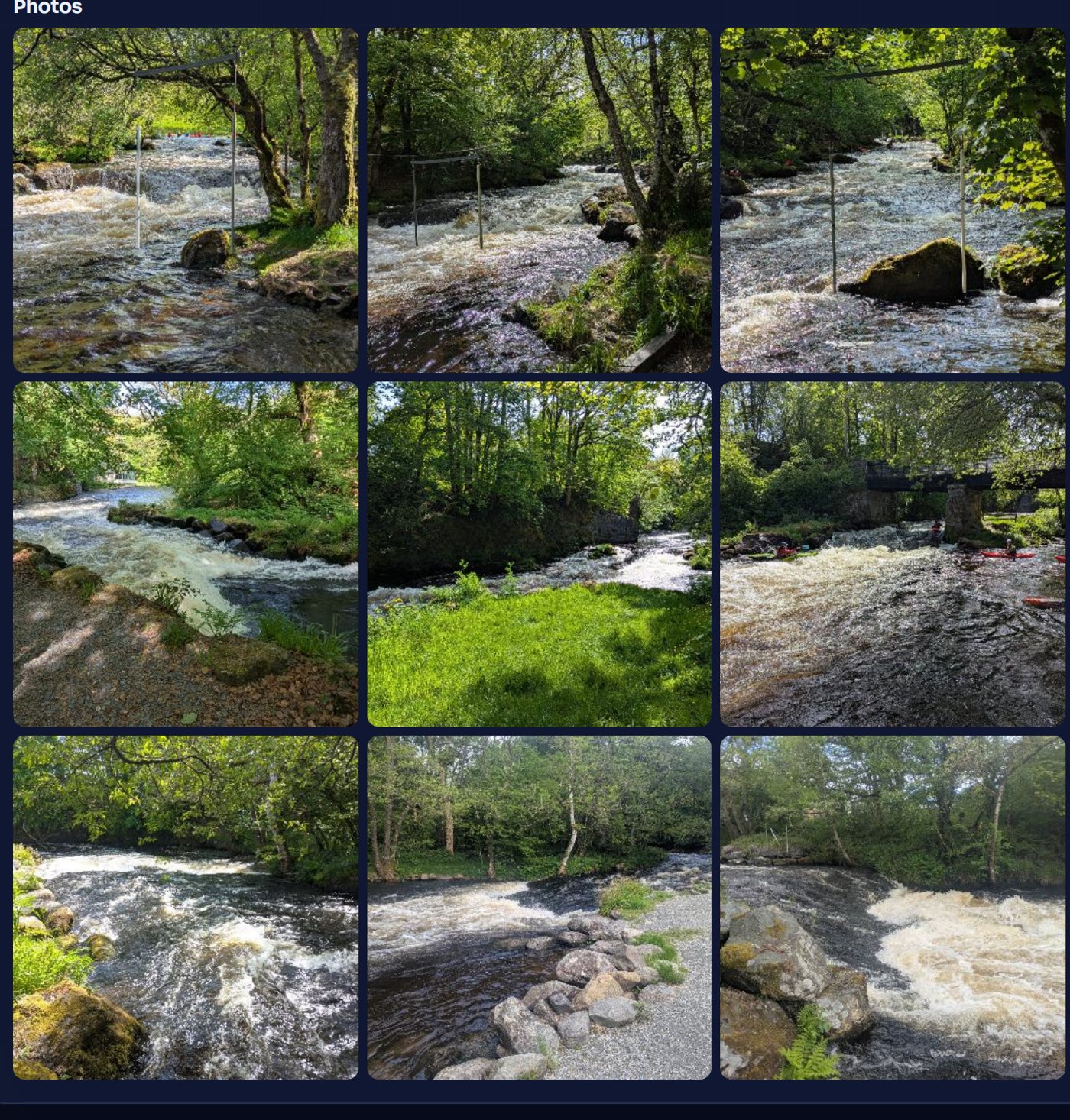 A grid of nine paddler photos on the Afon Tryweryn river page — rapids, slalom gates, and access points at different water levels.