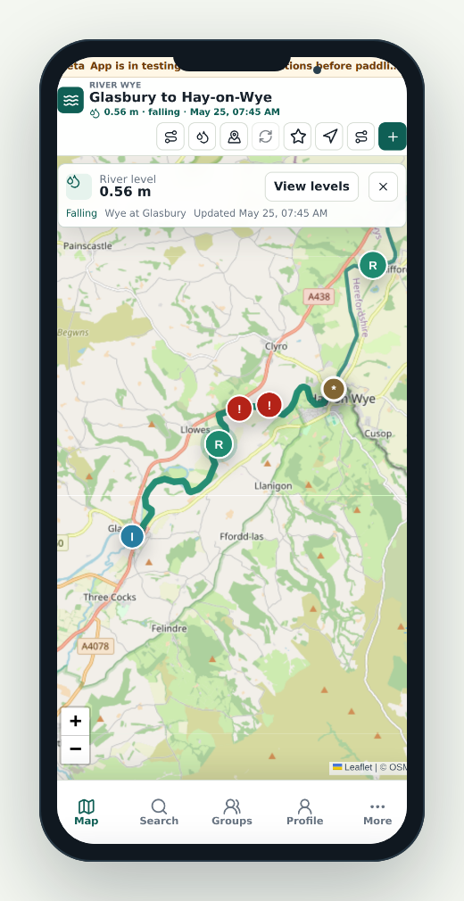 Phone-framed RiverLaunch.app mobile map for a river section.
