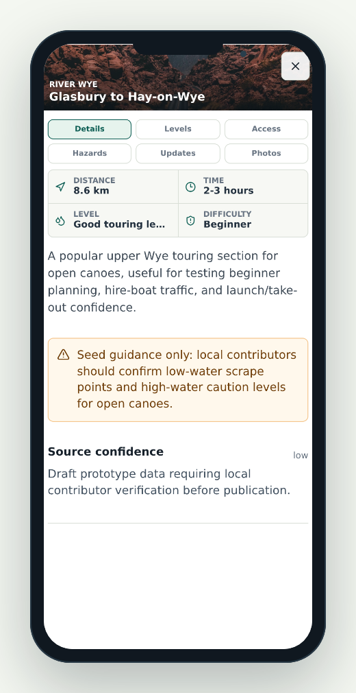 Phone-framed RiverLaunch.app section details screen.