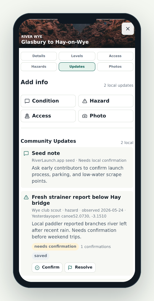 Phone-framed RiverLaunch.app community updates screen.
